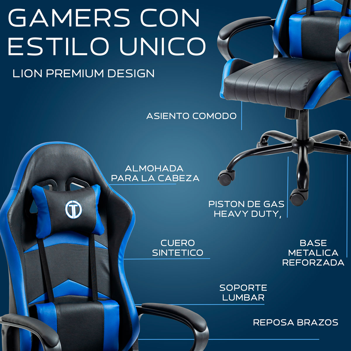 Foto 4 pulgar | Silla Gaming Sin Reposapies Lion- Azul