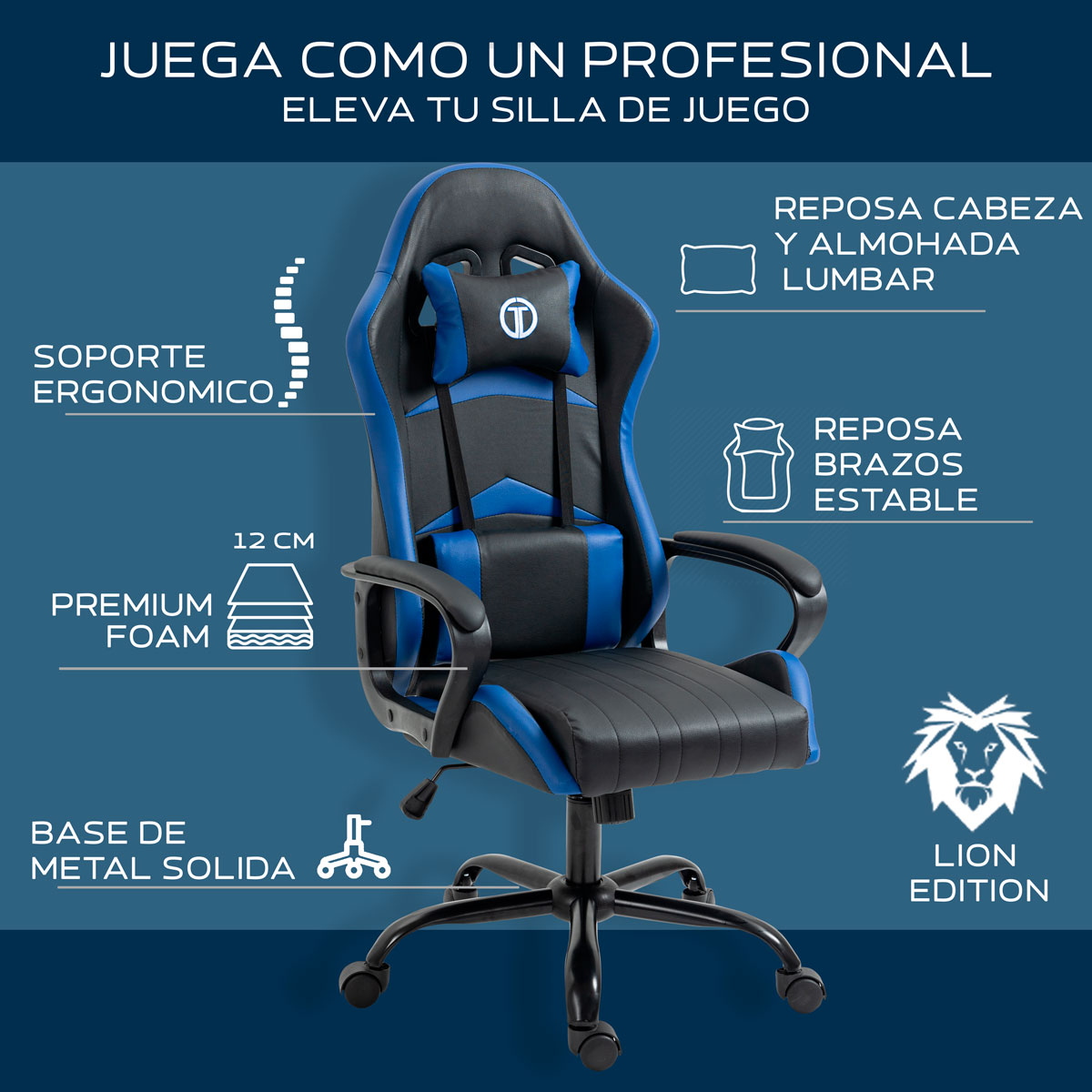 Foto 6 pulgar | Silla Gaming Sin Reposapies Lion- Azul