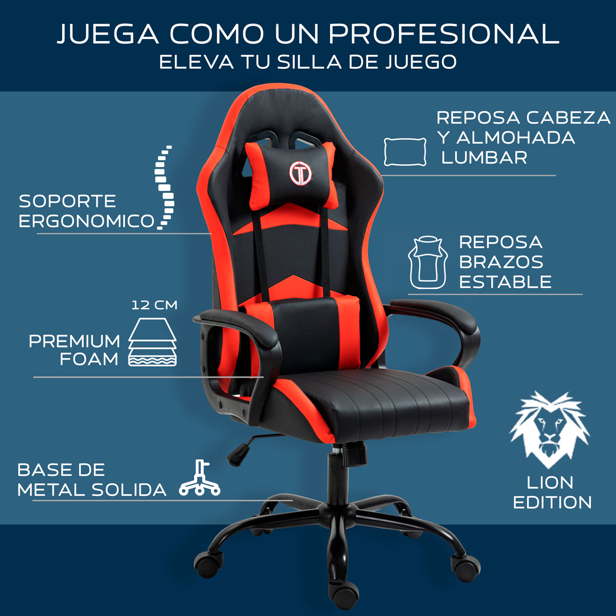 Foto 6 pulgar | Silla Gaming Sin Reposapies Lion- Rojo