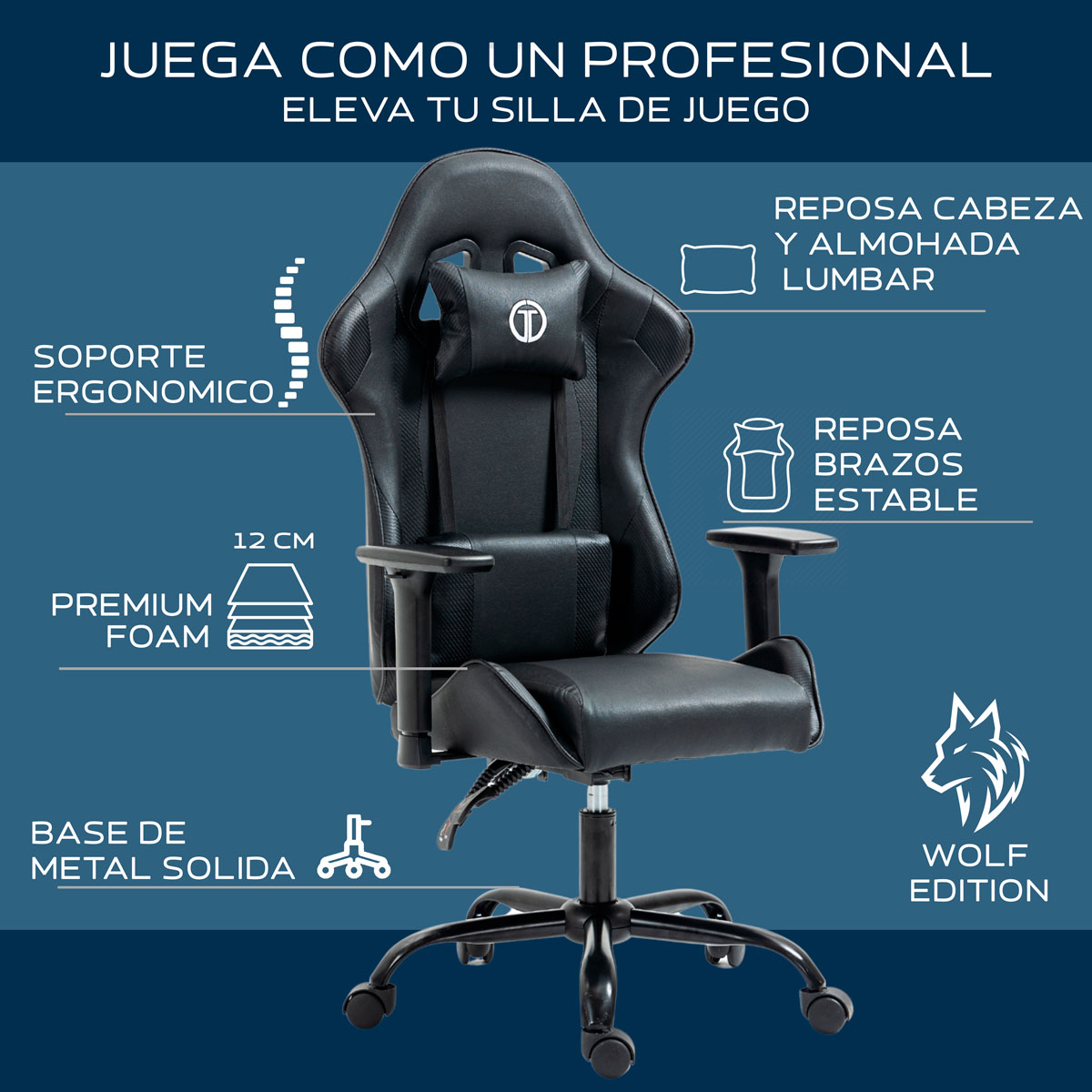 Foto 6 pulgar | Silla Gaming Sin Reposapies Wolf- Negro