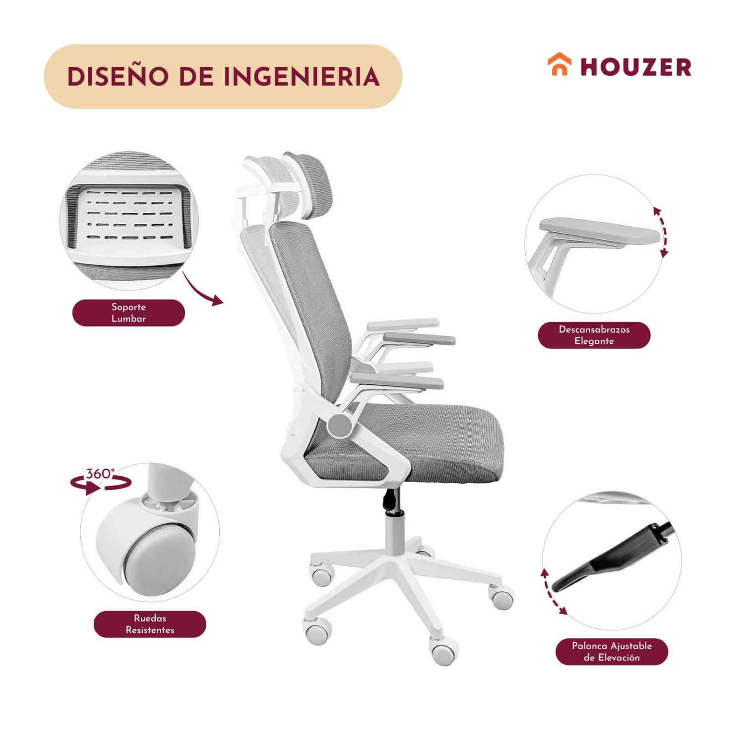 Foto 4 pulgar | Silla Oficina Ejecutiva Reclinable Ergonómica Con Cabecera Gris