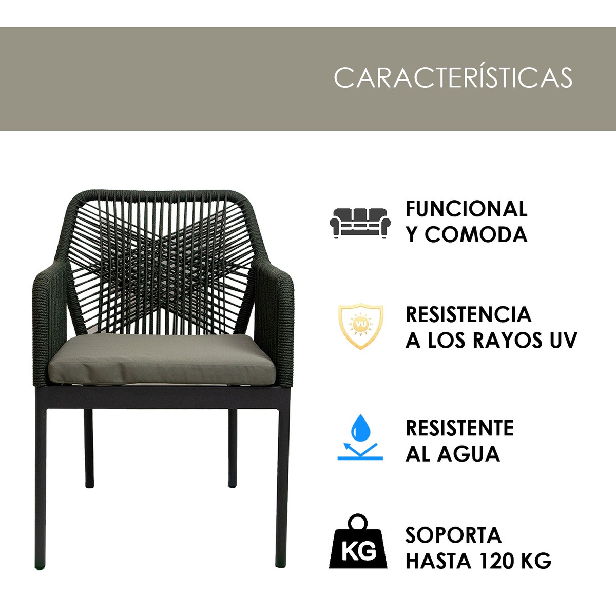 Foto 5 pulgar | Silla Crosback Jauz Gris con Asiento de Cuerda y Base de Aluminio