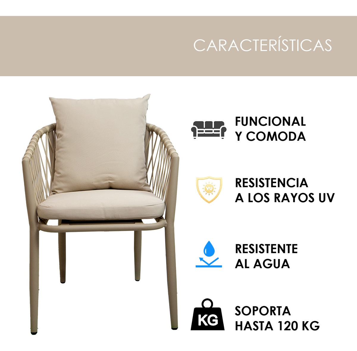 Foto 7 pulgar | Silla Crosback de Cuerdas con Cojín en Champagne para Exteriores e Interiores