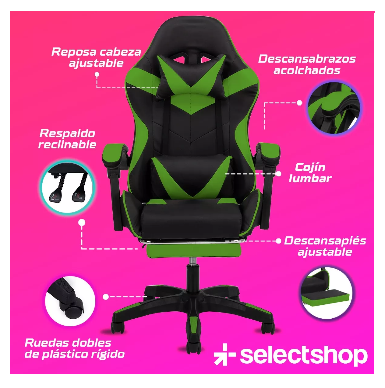 Foto 3 pulgar | Silla Gamer Reclinable Giratoria Ergonómica Súper Cómoda Verde/negro