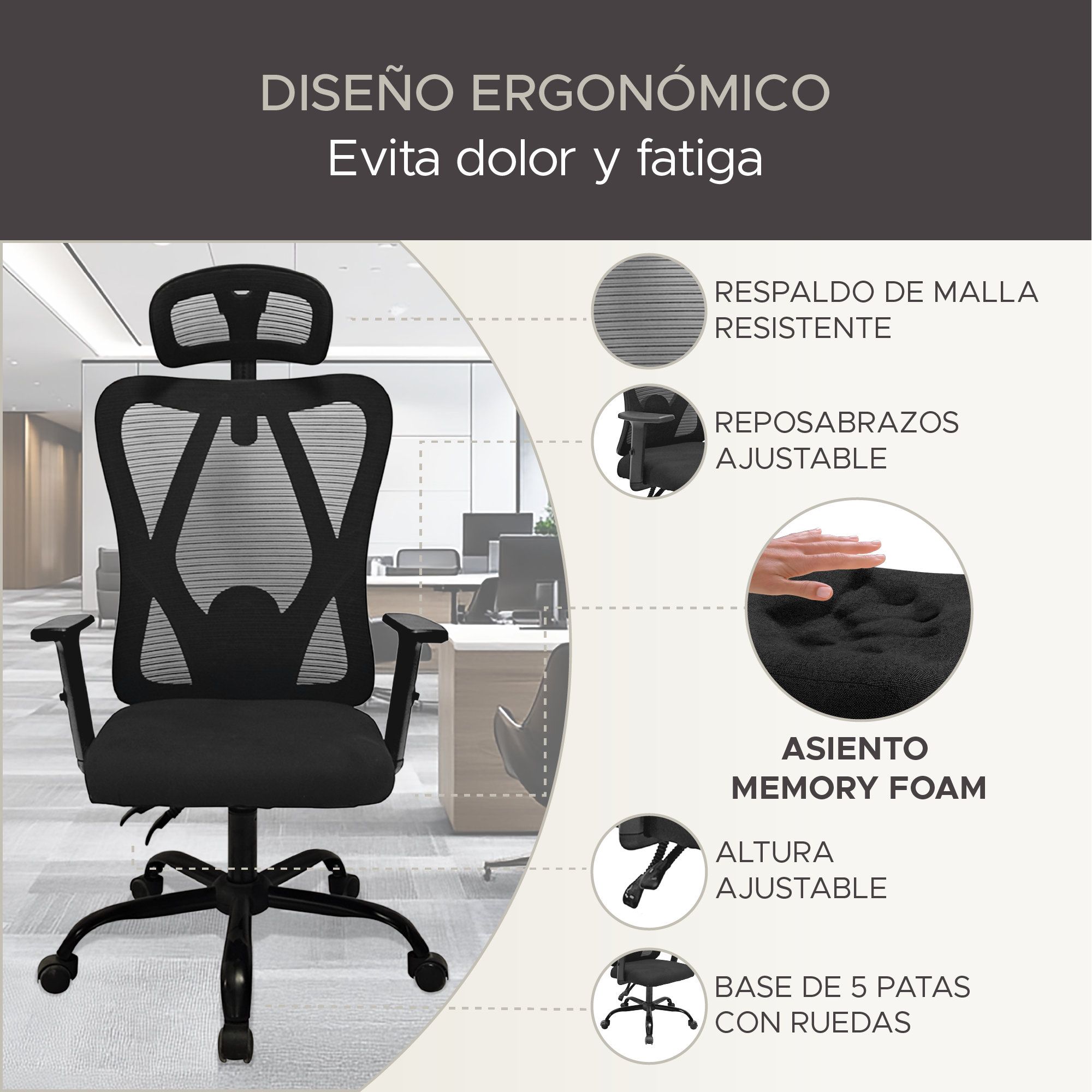 Foto 3 pulgar | Silla De Oficina Ergonómica Memory Foam