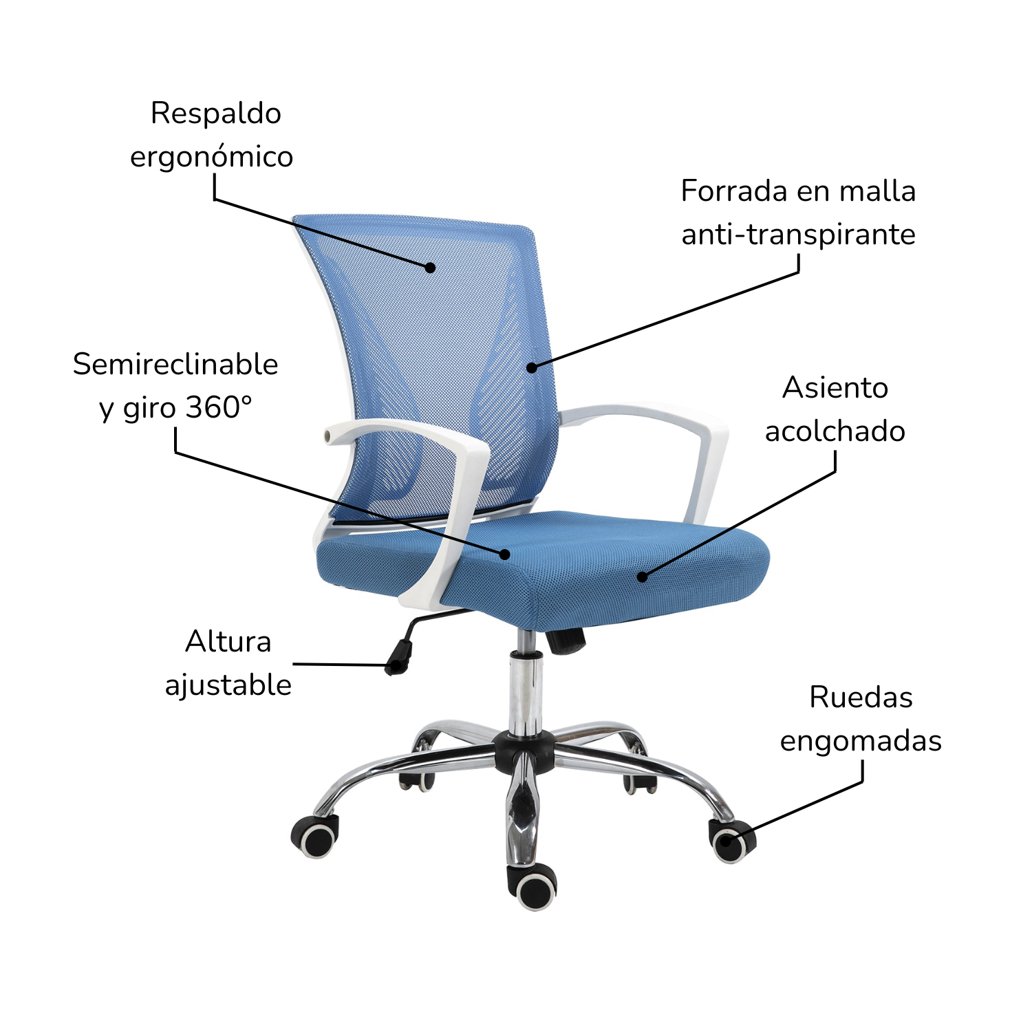 Foto 5 pulgar | Silla De Oficina Top Living Paris Ergonómica Semi Reclinable Azul