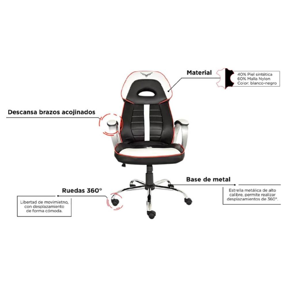 Foto 4 | Silla Gamer Naceb Na-0910 Piel Sintética Blanco/negro