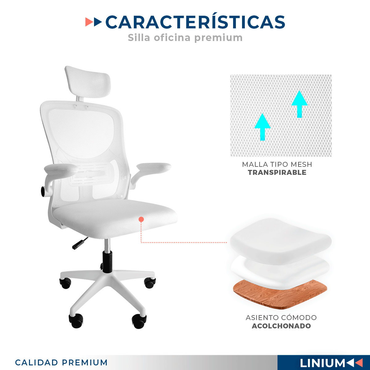 Foto 4 pulgar | Silla Oficina Escritorio Linium Ergonómica Premium Ejecutiva Color Blanca