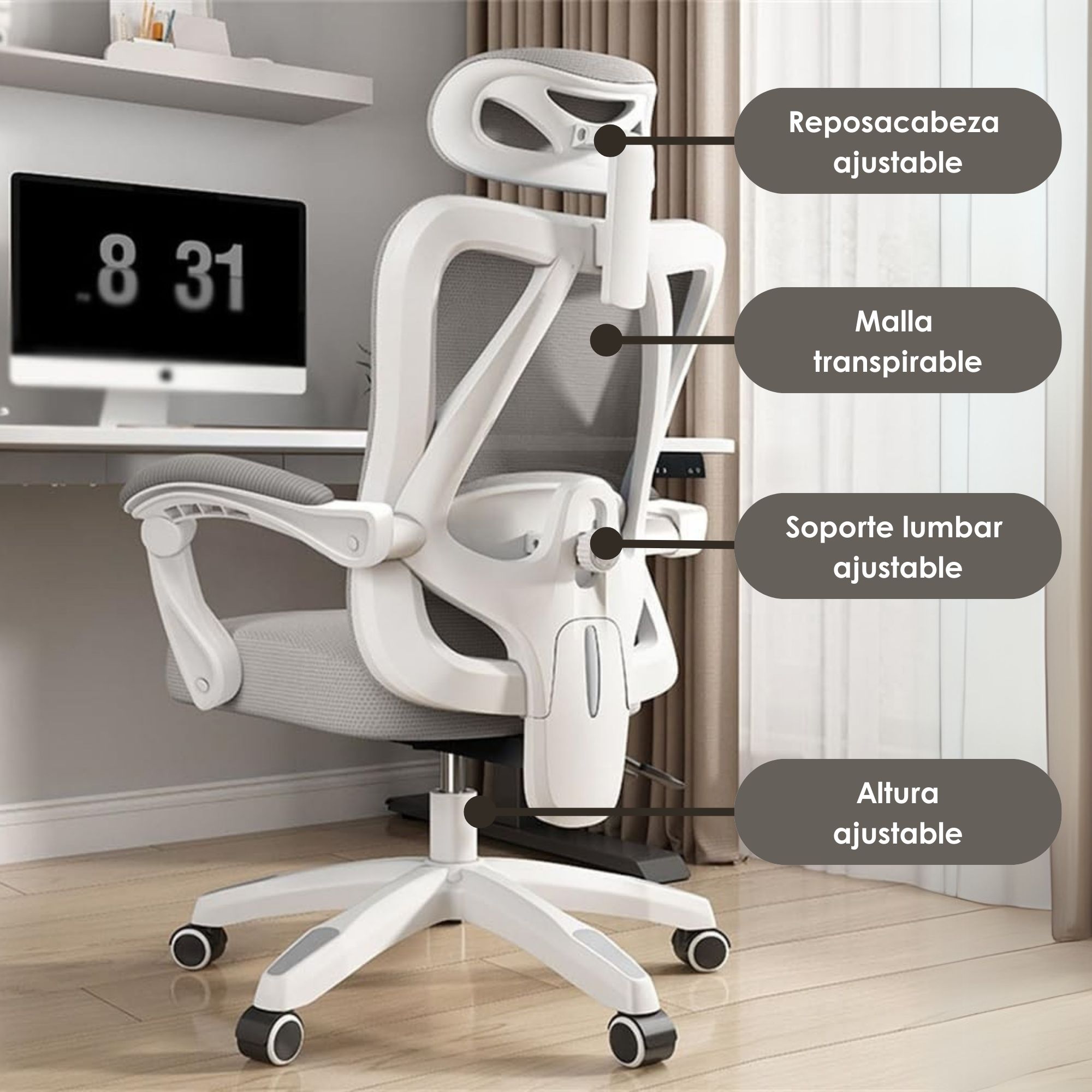 Foto 6 | Silla de Oficina Ergonómica con Soporte Lumbar Ajustable Blanco