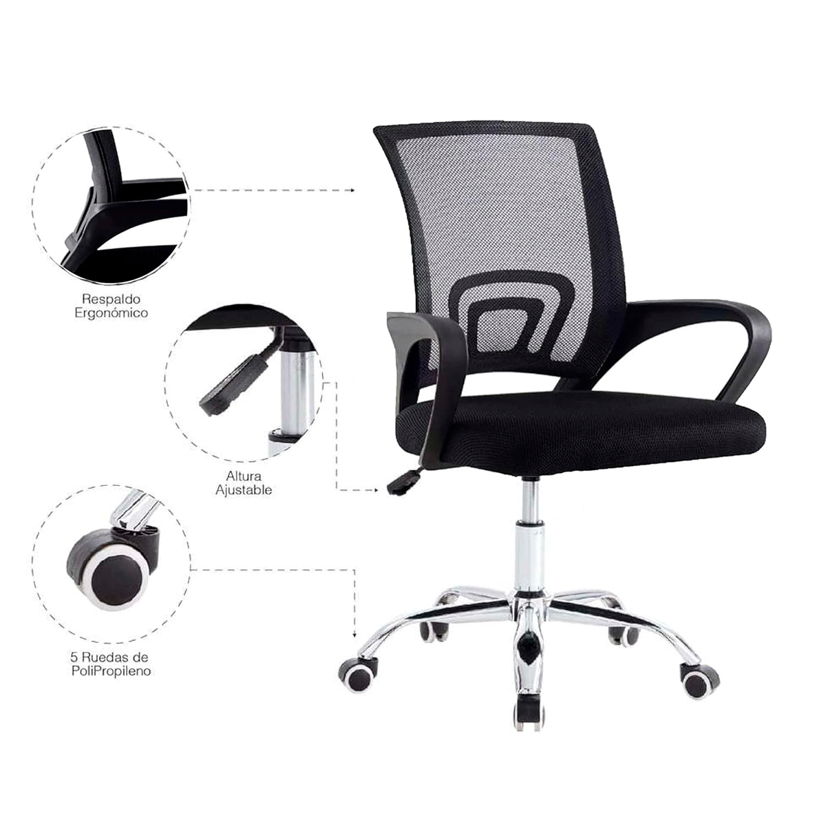 Foto 4 pulgar | Silla De Oficina Ergonómica Negra Con Malla Transpirable Y Base Metálica – Comodidad Y Resistencia Para Uso Diario