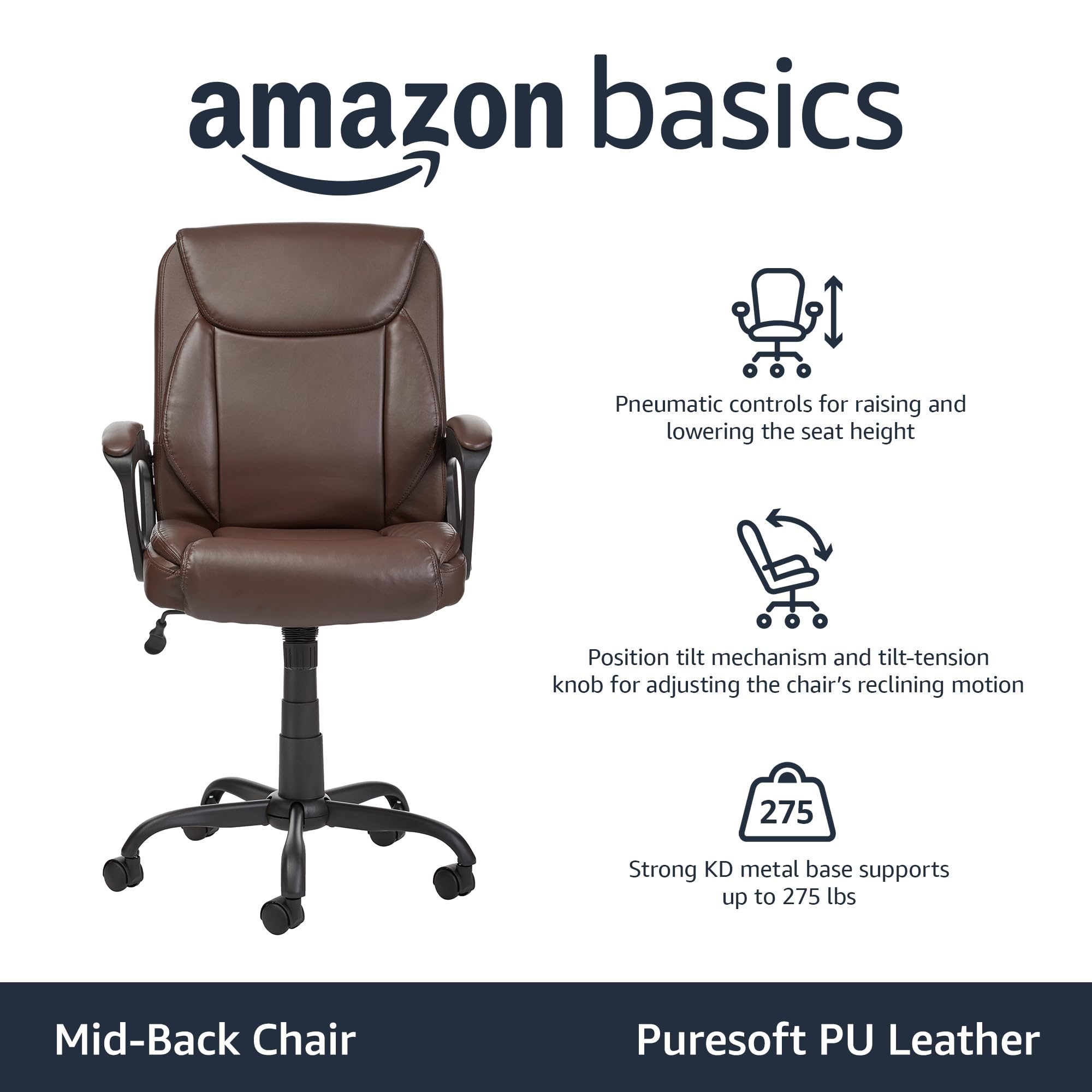 Foto 2 | Silla De Oficina Amazonbasics Classic Puresoft, Acolchada En Poliuretano, Color Marrón - Venta Internacional.