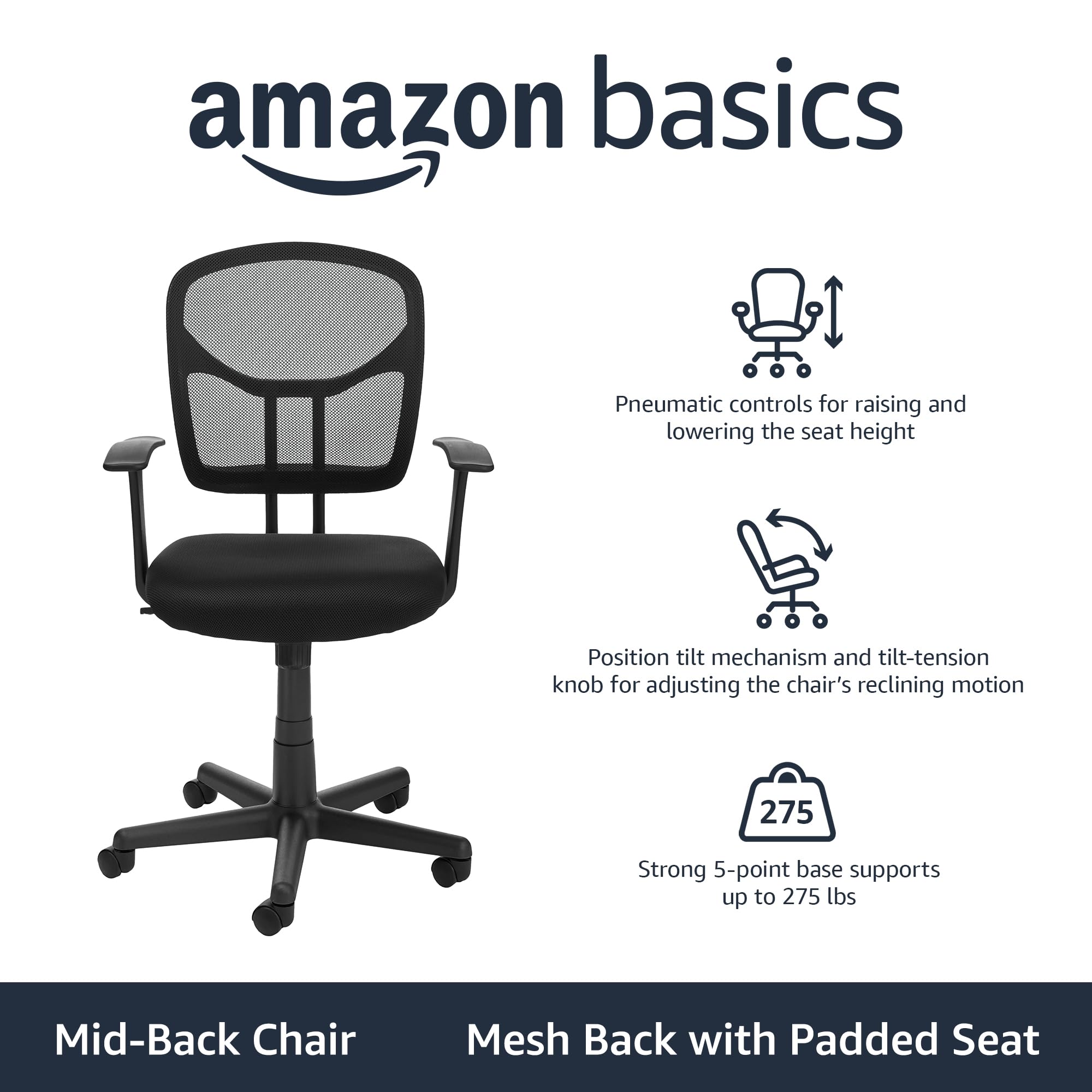 Foto 2 | Silla De Escritorio Amazon Basics De Malla Con Respaldo Medio, Negra - Venta Internacional.