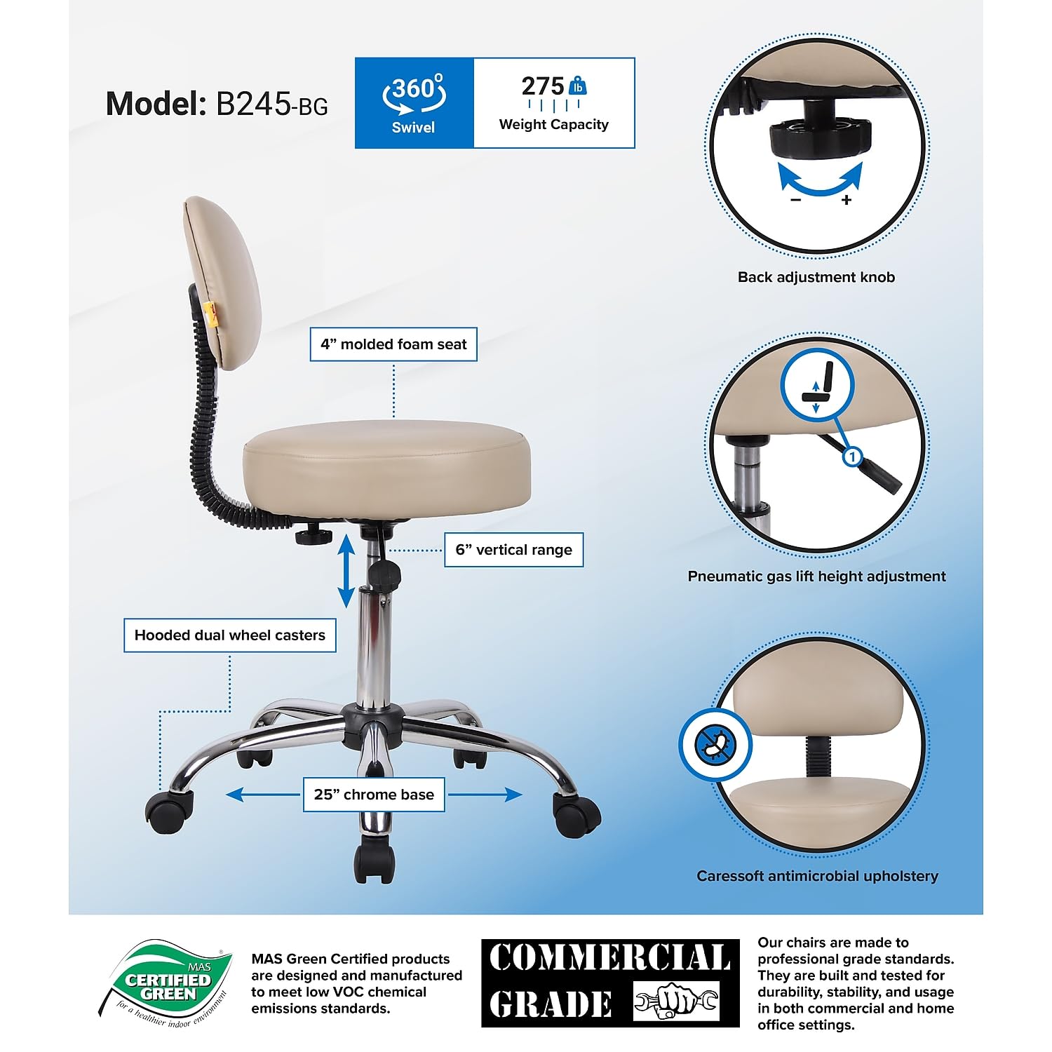 Foto 8 pulgar | Taburete Médico Para Spa Boss Office Products Be Well, Color Beige - Venta Internacional.