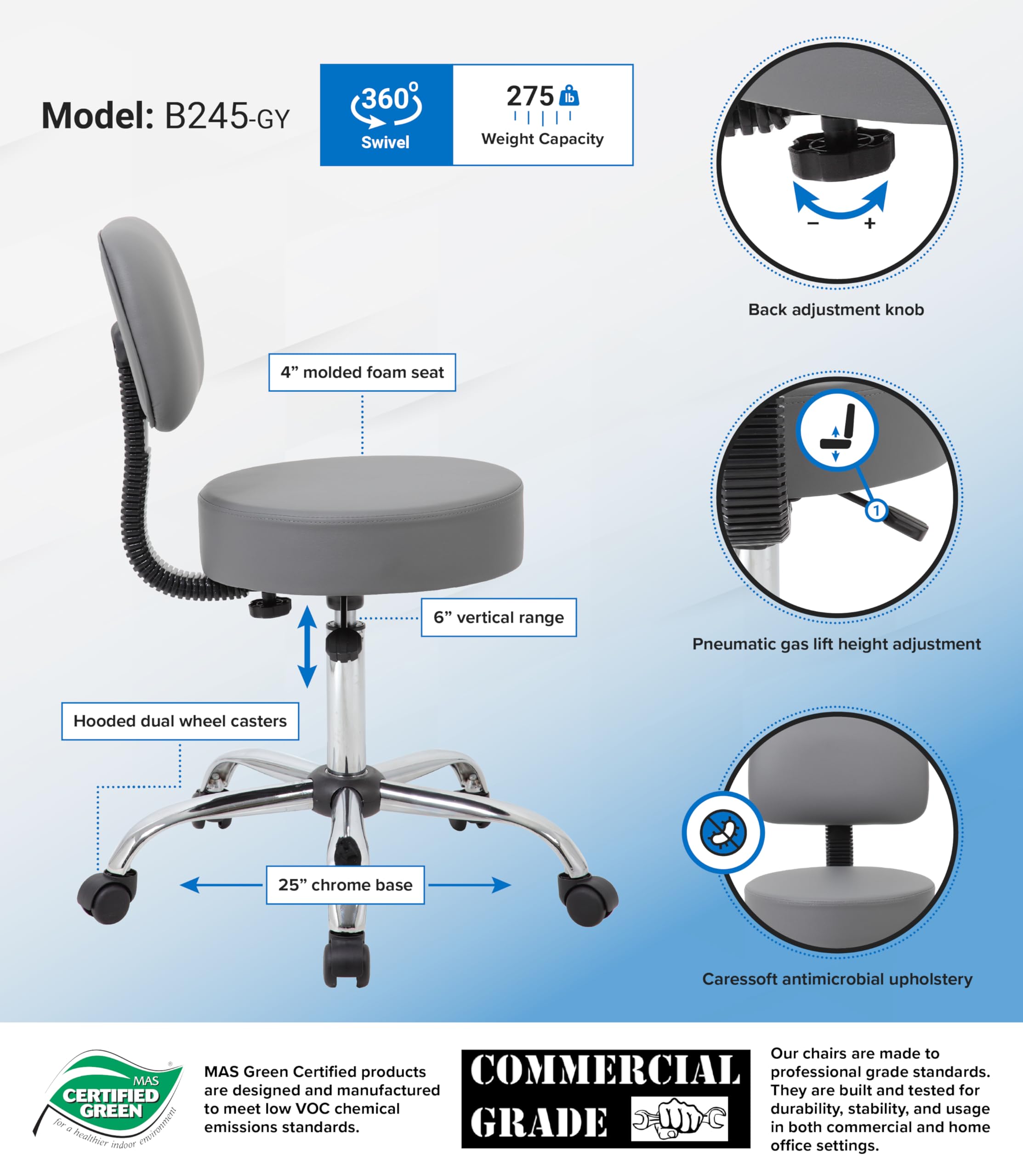 Foto 5 pulgar | Taburete De Dibujo Boss Office Products Be Well Medical Spa, Color Gris - Venta Internacional.