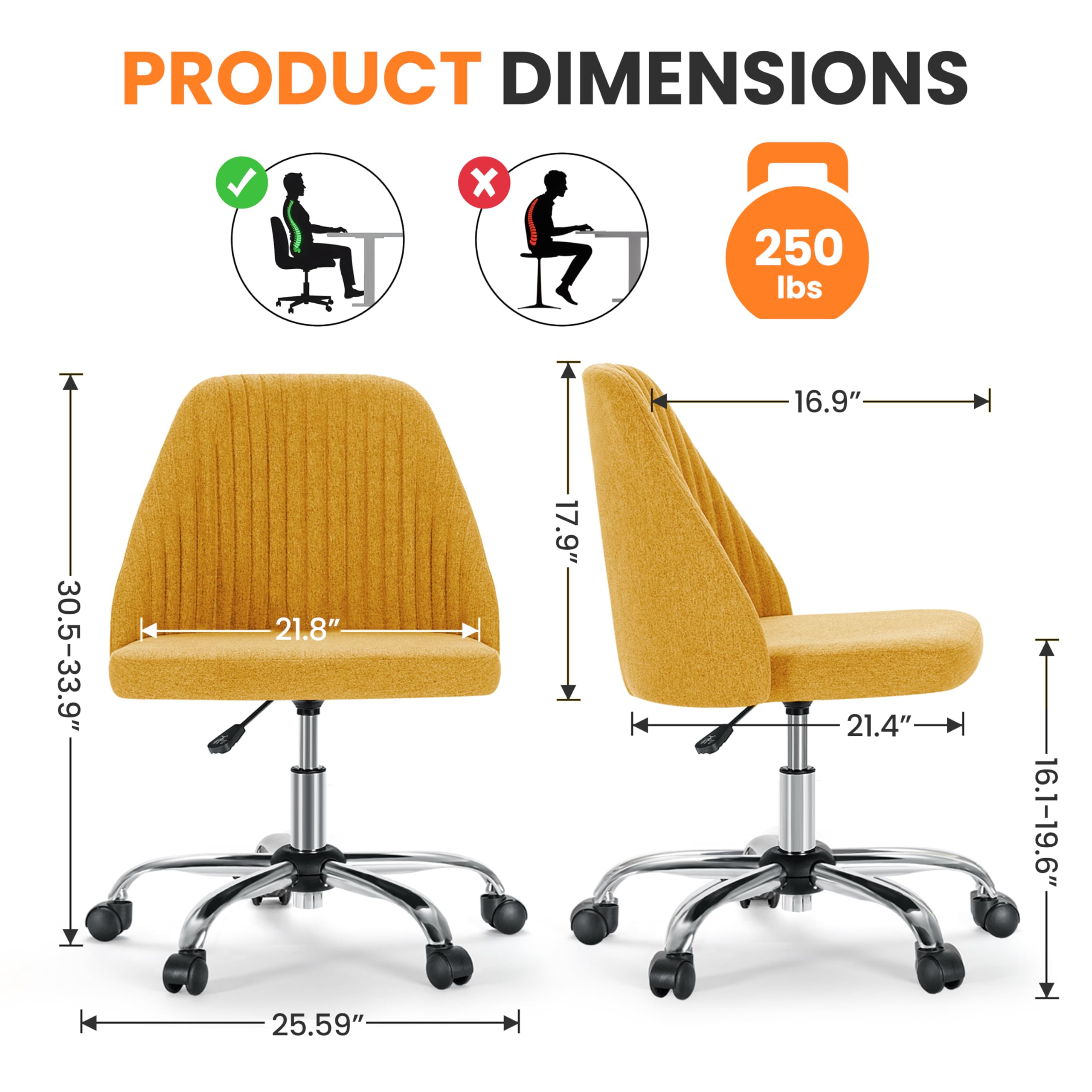 Foto 3 pulgar | Silla De Escritorio Simple Deluxe Sin Brazos Amarilla Con Ruedas - Venta Internacional.
