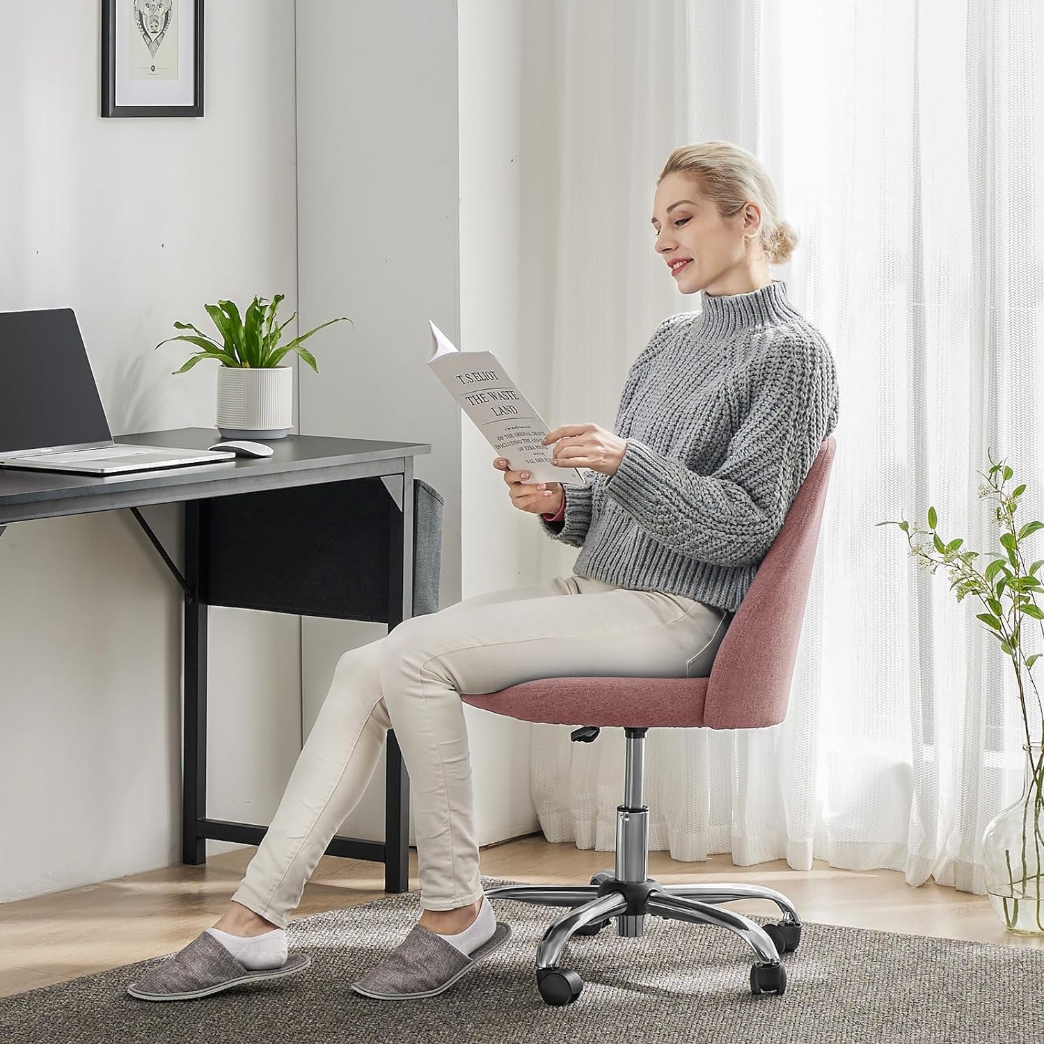 Foto 7 | Silla De Escritorio Simple Deluxe Sin Brazos Rosa Con Ruedas - Venta Internacional.