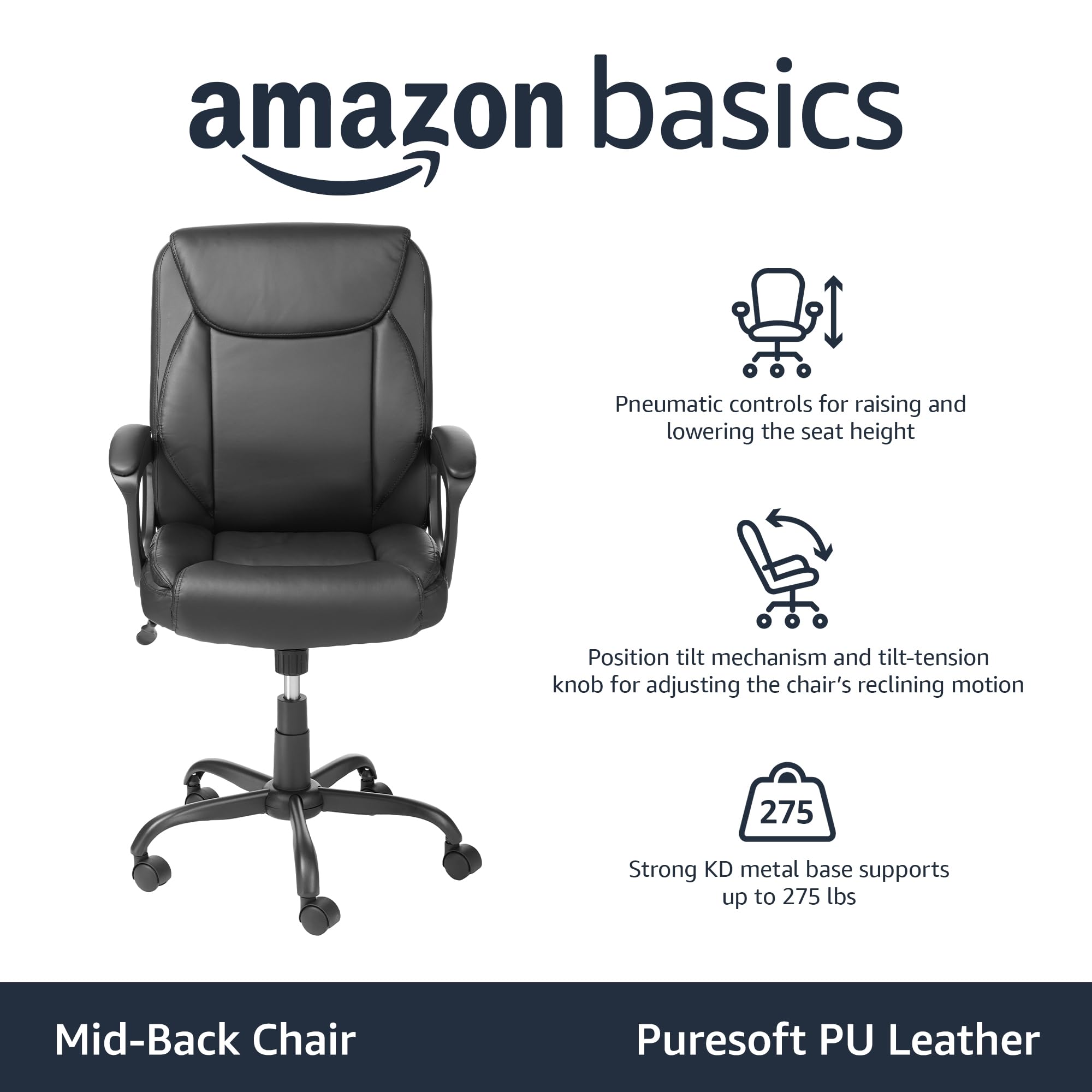 Foto 3 pulgar | Silla De Oficina Amazon Basics Classic Puresoft Acolchada En Poliuretano - Venta Internacional.