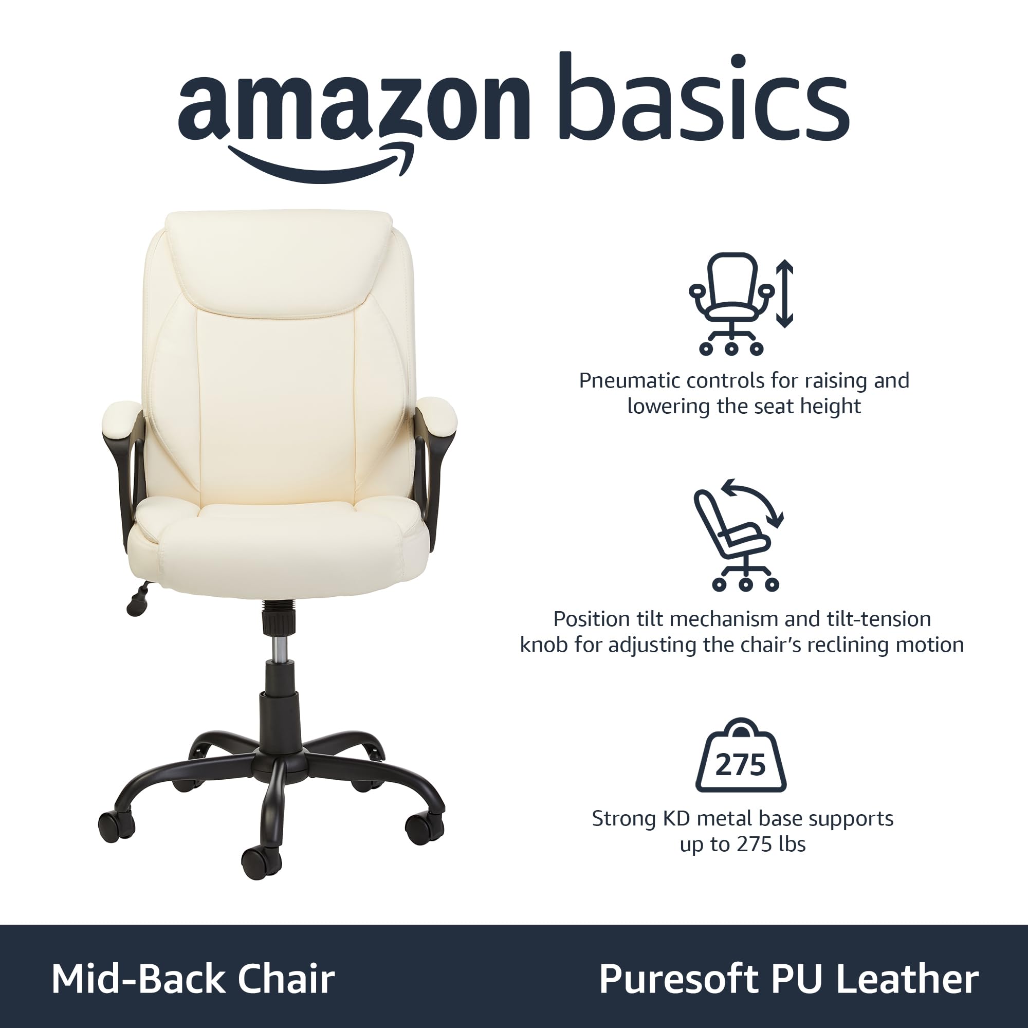 Foto 2 | Silla De Oficina Amazonbasics Classic Puresoft Acolchada En Poliuretano Crema - Venta Internacional.