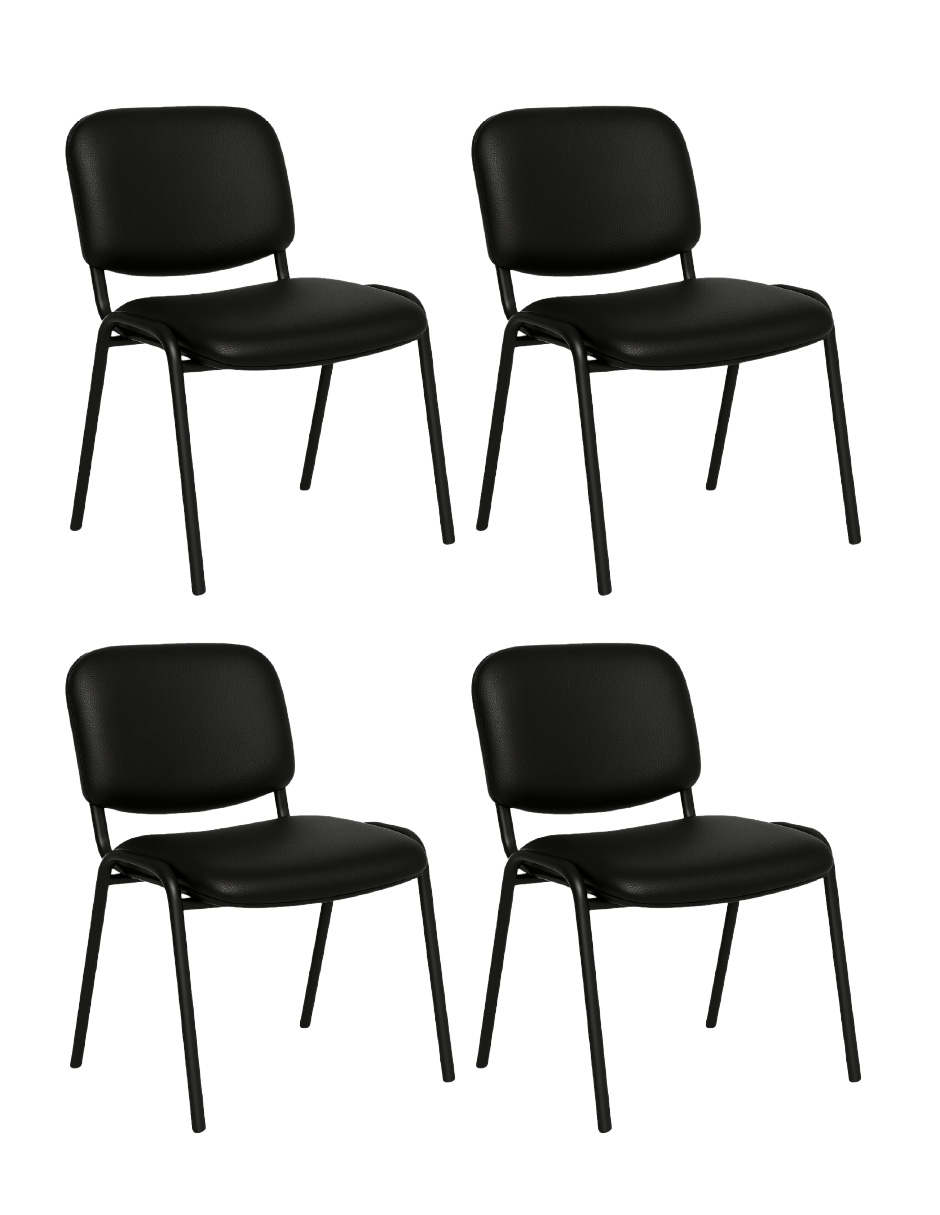 Offiho Set De 4 Sillas Para Oficina, Salas De Espera, Consultorio Con Tapiz De Vinil Piel Negro