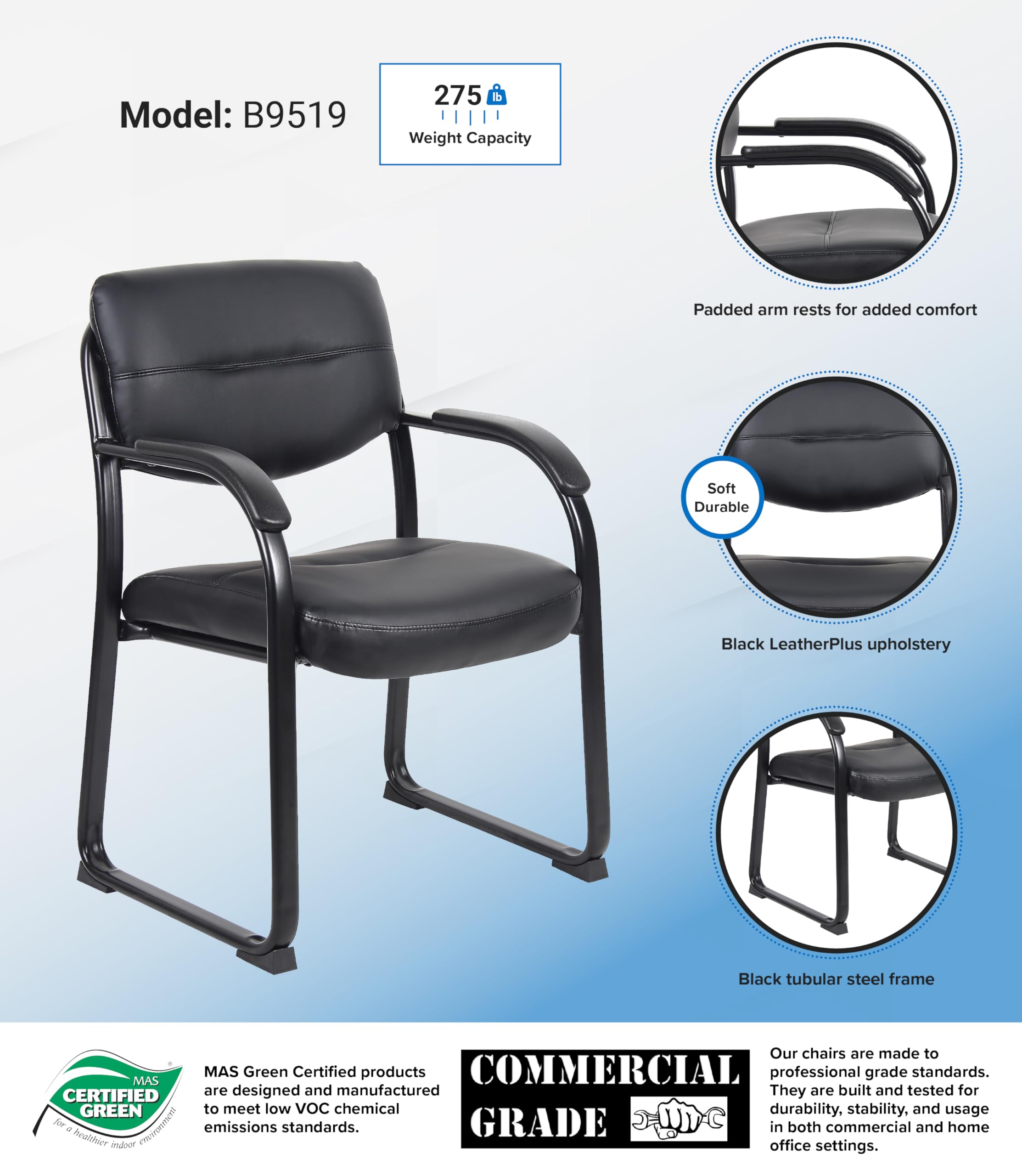 Foto 4 | Silla Auxiliar Boss Office Products De Piel Con Brazos, Color Negro - Venta Internacional.