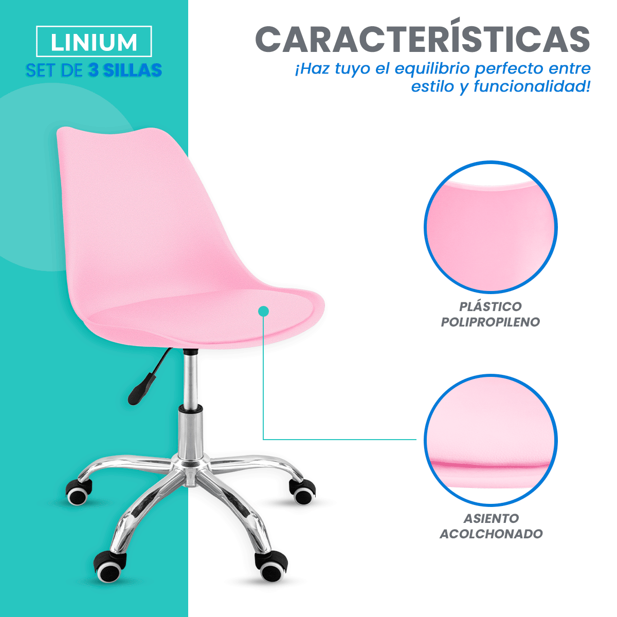 Foto 6 pulgar | Set 3 Silla Oficina Linium Escritorio Salon Hogar Ergonomica Color Rosa