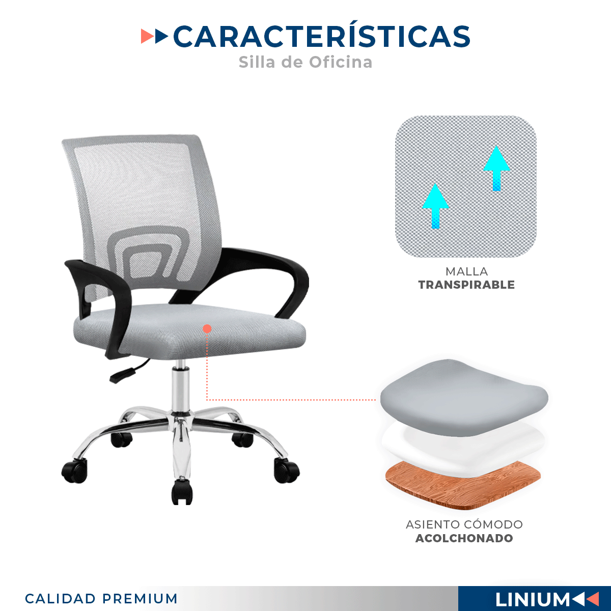 Foto 5 pulgar | Silla Escritorio Oficina Linium Color Gris Ergonómica Ajustable