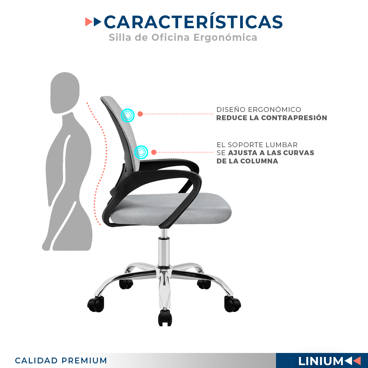 Foto 9 pulgar | Silla Escritorio Oficina Linium Color Gris Ergonómica Ajustable