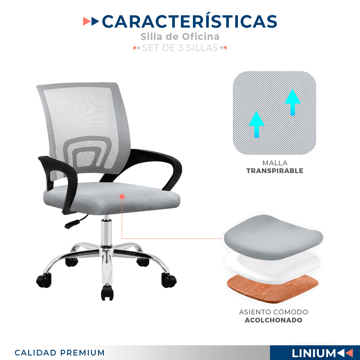 Foto 5 pulgar | Set 3 Silla Oficina Linium Escritorio Salon Hogar Ergonomica Color Gris