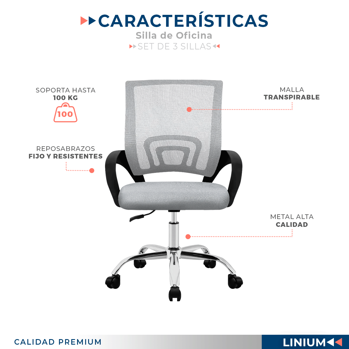 Foto 8 pulgar | Set 3 Silla Oficina Linium Escritorio Salon Hogar Ergonomica Color Gris