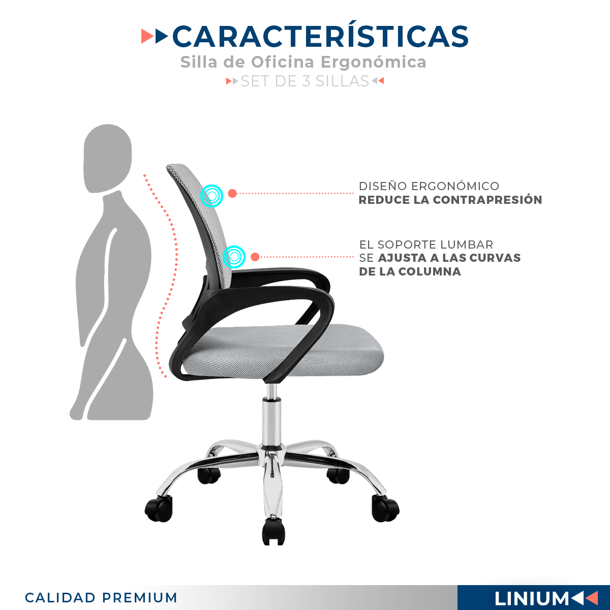 Foto 9 pulgar | Set 3 Silla Oficina Linium Escritorio Salon Hogar Ergonomica Color Gris