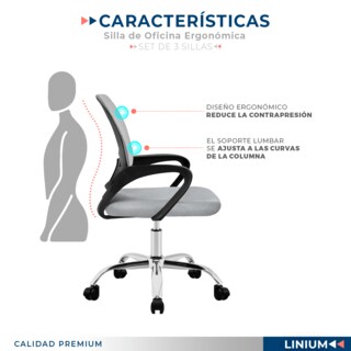 Foto 8 | Set 3 Silla Oficina Linium Escritorio Salon Hogar Ergonomica Color Gris