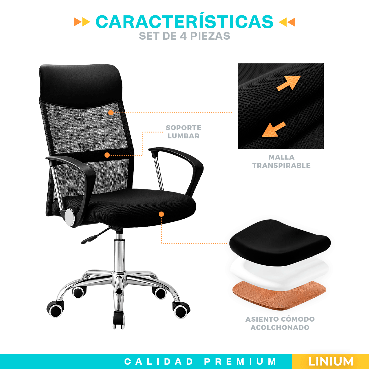 Foto 4 pulgar | Set 4 Silla Oficina Escritorio Ejecutiva Elegante Ergo Premium Color Negro