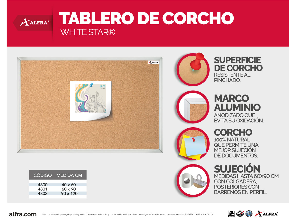 Foto 4 | Tablero Alfra Corcho White Star Marco De Aluminio 90x120 Cm