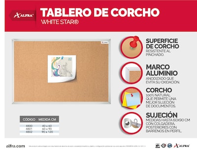 Foto 4 | Tablero Alfra Corcho White Star Marco De Aluminio 90x120 Cm