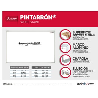 Foto 4 | Pizarra Pintarrón Blanco White Star Pizarrón Alfra 90x240 Cm