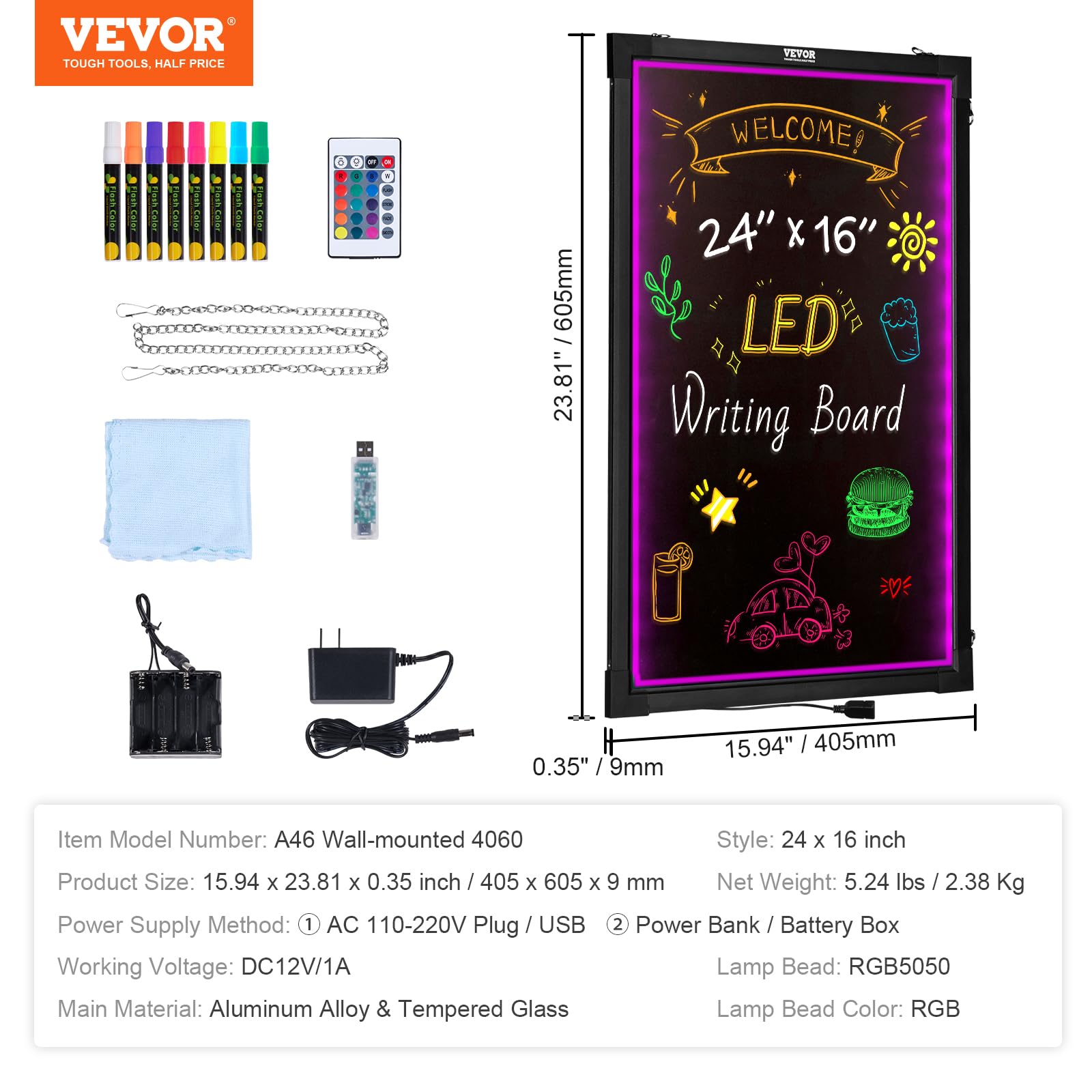 Foto 8 pulgar | Pizarra Led Para Escribir Mensajes Vevor 24 X 16 Con Rotuladores De Tiza - Venta Internacional.