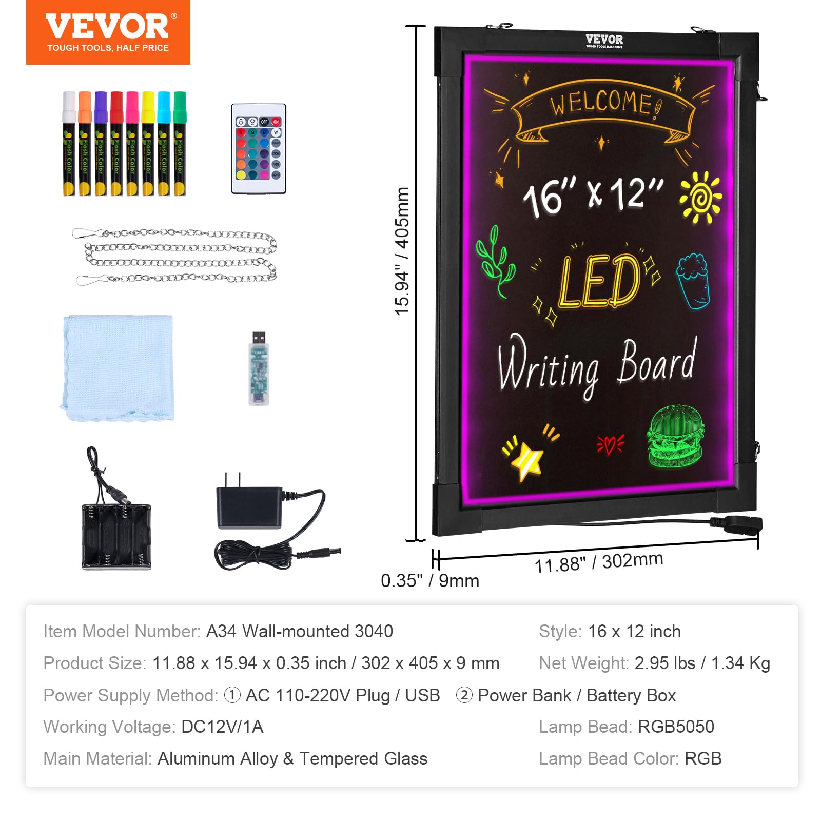 Foto 8 pulgar | Pizarra Led Para Escribir Mensajes Vevor 16 X 12 Con 8 Bolígrafos Fluorescentes - Venta Internacional.