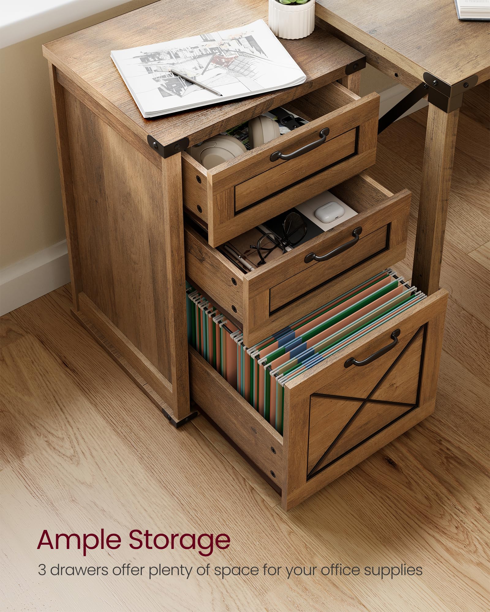 Foto 4 pulgar | Archivador Vasagle, 3 Cajones, Soporte Para Impresora, Color Miel - Venta Internacional.