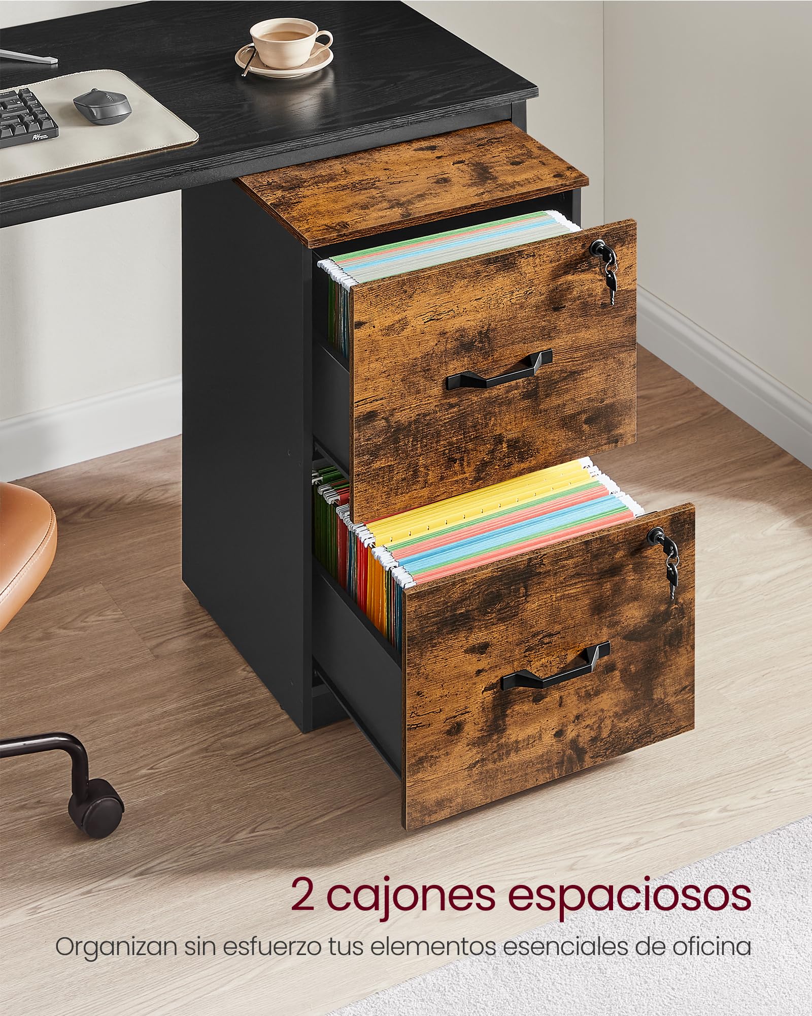 Foto 3 | Archivador Vasagle Mofc061b01  2 Cajones Con Cerradura  Color Marrón