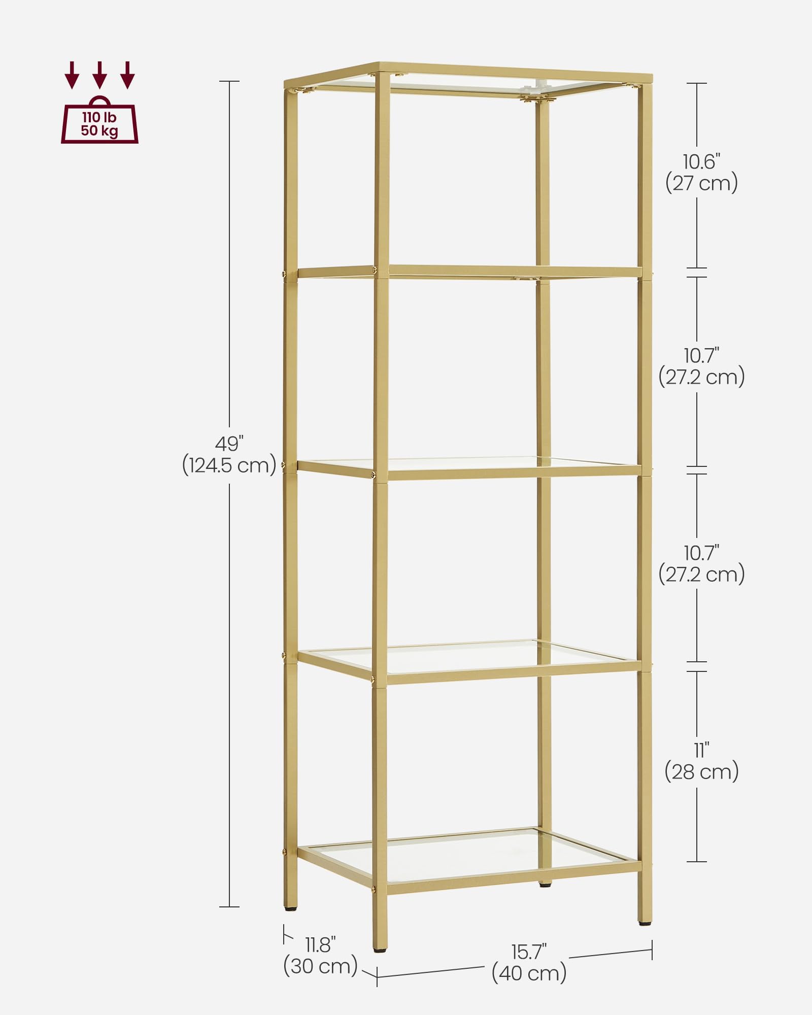 Foto 4 pulgar | Librería Vasagle Delgada De 5 Niveles Con Estantes De Vidrio Templado, Dorada