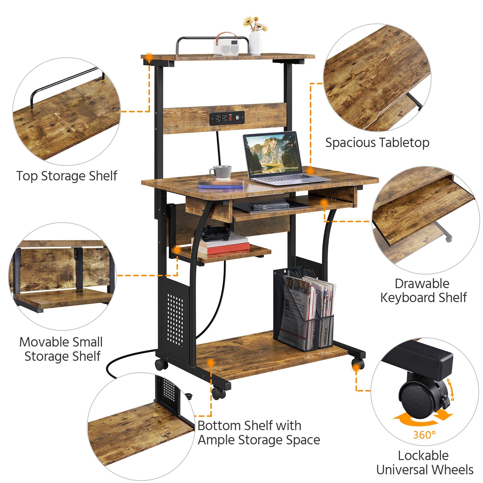 Foto 5 | Escritorio Para Computadora Yaheetech De 3 Niveles Enrollable Con Silla Rustic Brow - Venta Internacional.