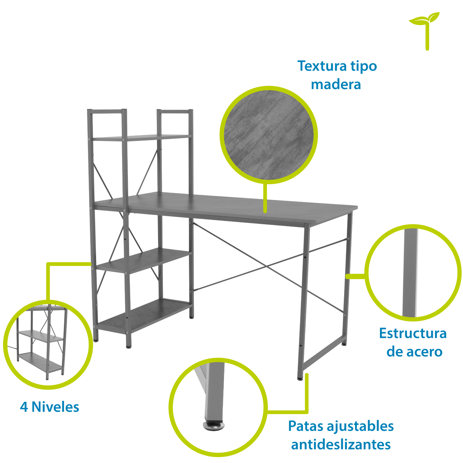 Foto 5 | Escritorio Minimalista Angela C/ Repisas 2 En 1 Para Oficina Y Hogar Color Gris-negro