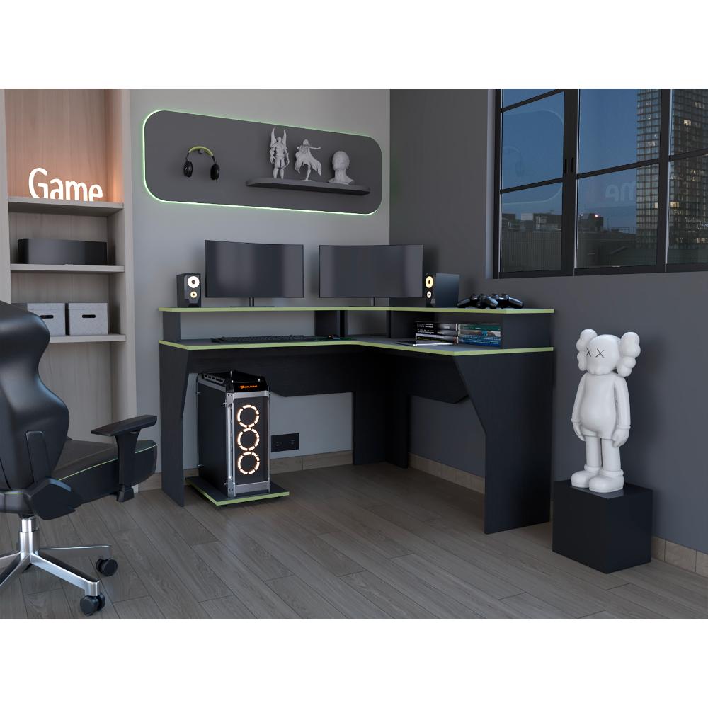 Escritorio Gamer Invictor, Wengue Y Verde, Con Espacio Adicional Para Pantallas