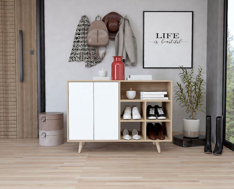 Foto 2 pulgar | Mesa Auxiliar Zapatero Burdeos Beige Y Blanco con Cuatro Puertas De Apertura Push Y Múltiples Entrepaños