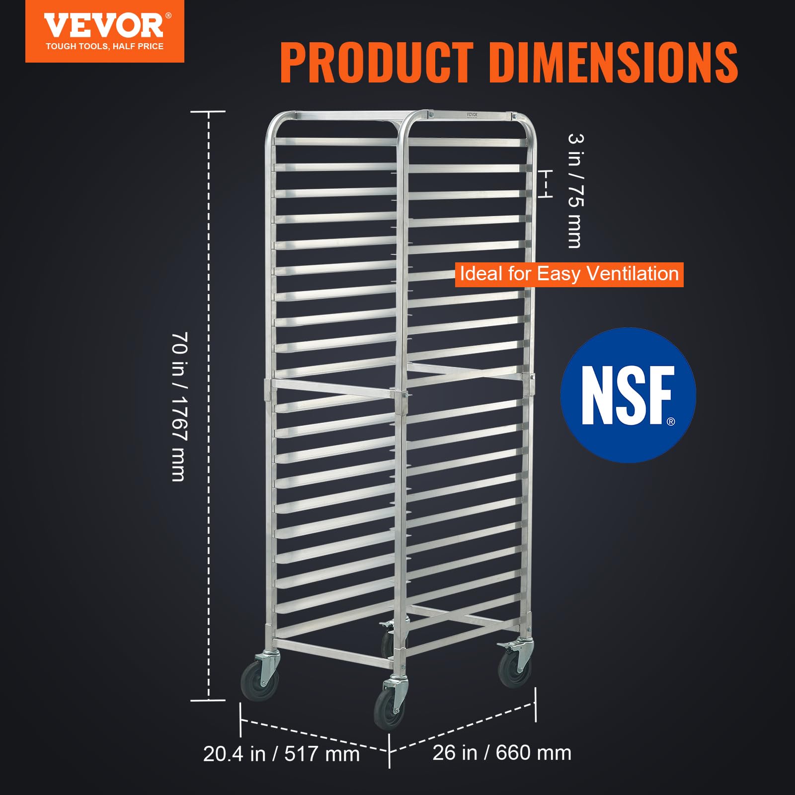 Foto 3 pulgar | Bun Pan Rack Vevor, 20 Niveles, Comercial, Con Ruedas De Freno, Aluminio - Venta Internacional.