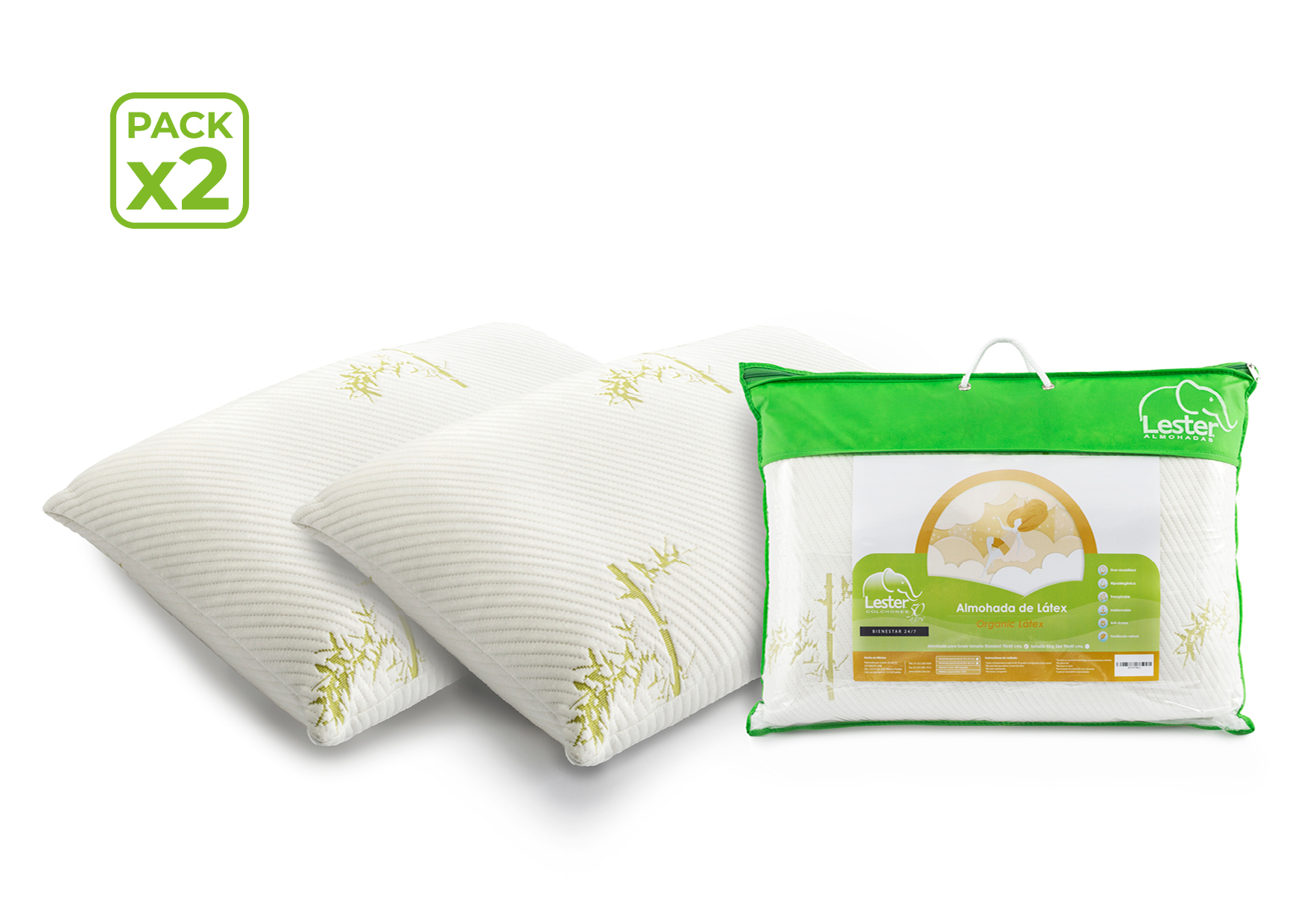 Paquete De 2 Almohadas Tamaño Estándar De Látex Natural Con Funda De Bambú Lavable - Lester Organic Látex