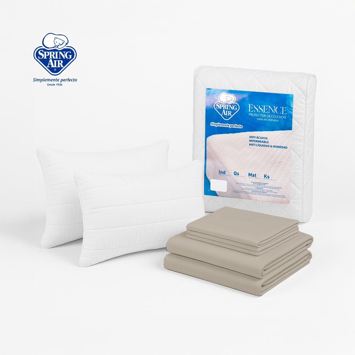 Foto 2 pulgar | Pack 2 Almohadas Peach Feel + Cubre Colchón Queen Size Essence Impermeable + Juego De Sábanas Queen Size Essence C