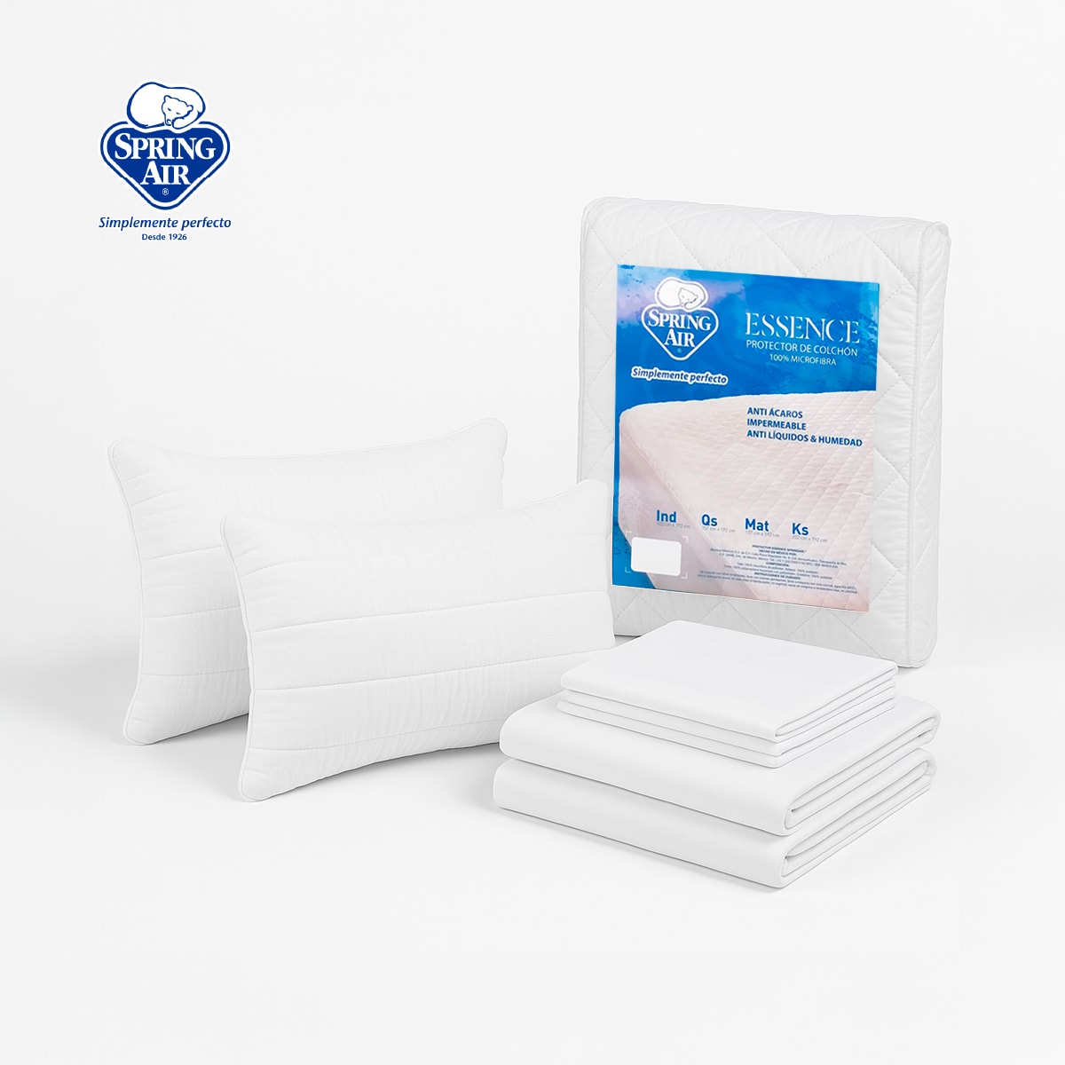 Foto 1 | Pack 2 Almohadas Peach Feel + Cubre Colchón King Size Essence Impermeable + Juego De Sábanas King Size Essence Colo