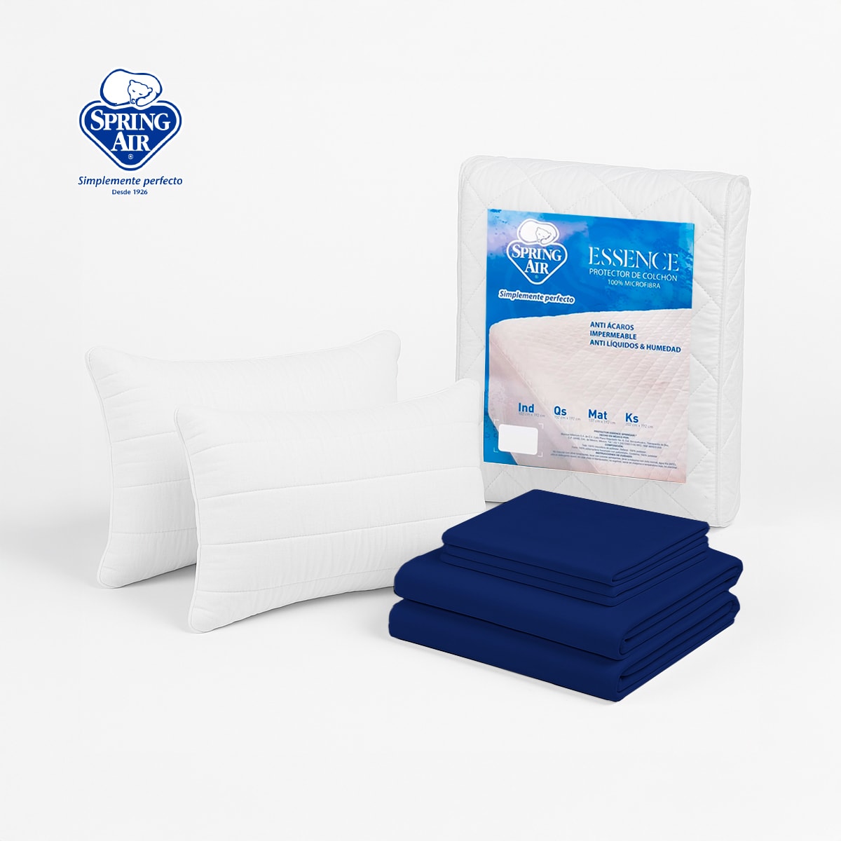 Foto 1 | Pack 2 Almohadas Peach Feel + Cubre Colchón Individual Essence Impermeable + Juego De Sábanas Individual Essence