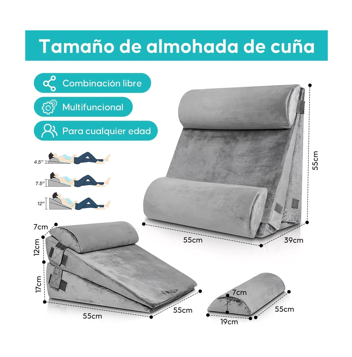 Foto 4 pulgar | Juego De 4 Almohadas Ajustables De Cuña Para Cama  Gris Claro